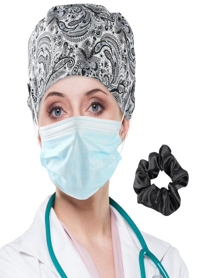 MISAKTEAM Satin Lined Scrub Cap for Women Nurse Scrub Hat Ponytail Dental Scrub Caps Surgical Bonnet with Buttons Black White - Image 1